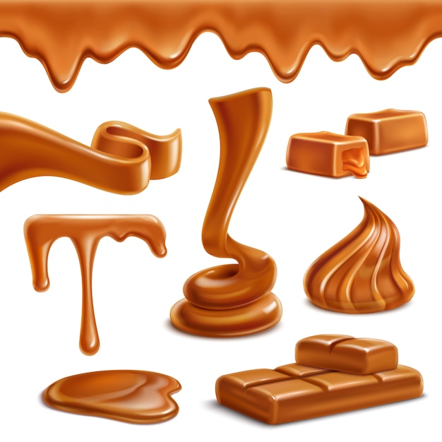 Caramel toffee melted horizontal border drops puddles appetizing spiral figures candies bar sweets realistic set