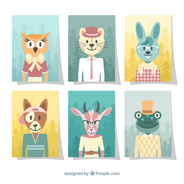 Card collection with animals wearing clothes