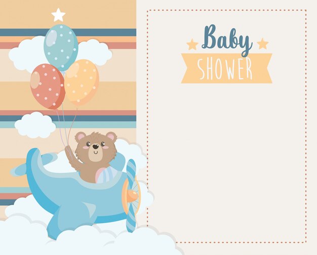 Card of cute bear in the cradle and balloons