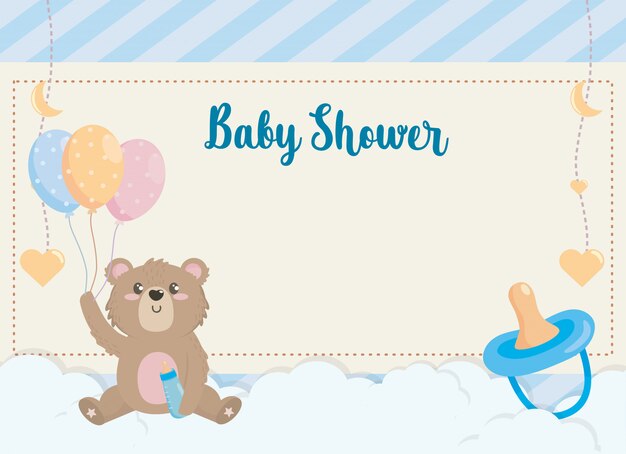 Card of cute bear with feeding bottle and balloons