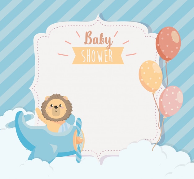 Card of cute lion in the cradle with balloons