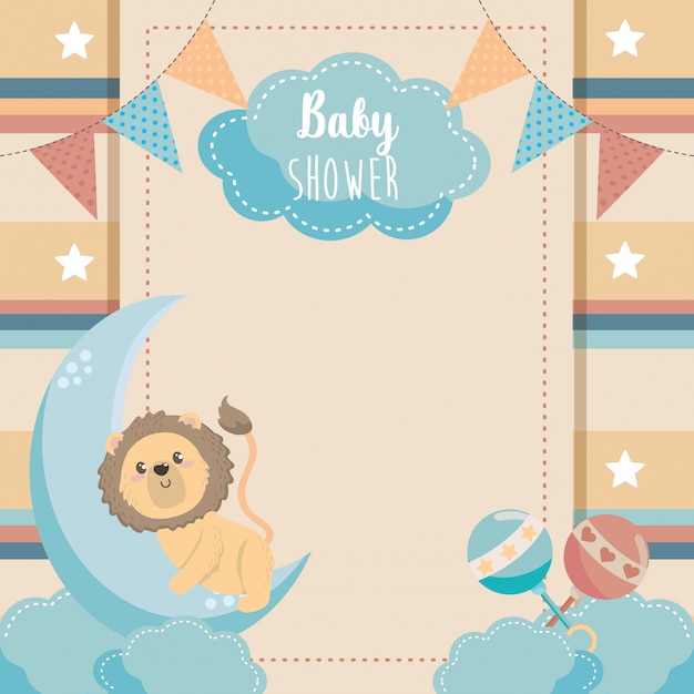 Card of cute lion with rattles and moon