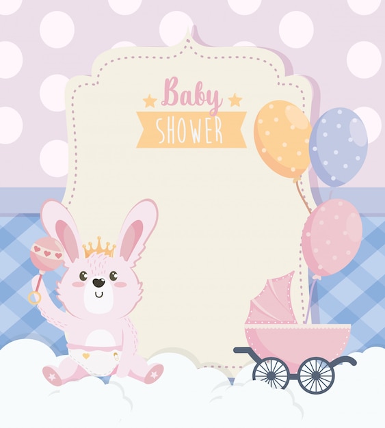 Card of cute rabbit with carriage and balloons