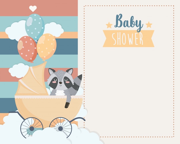 Free Vector card of cute raccoon in the carriage and balloons