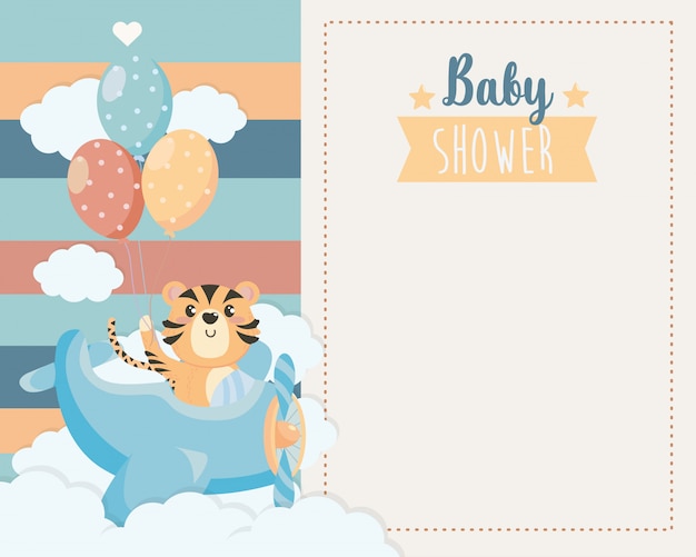 Card of cute tiger in the cradle and clouds