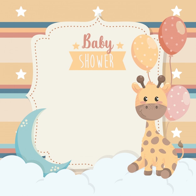 Card of giraffe animal with balloons and clouds