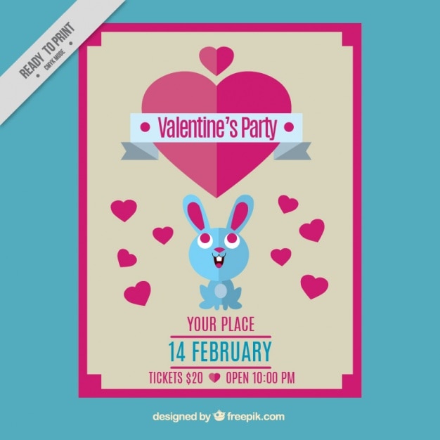 Free Vector card of lovely bunny and hearts in flat design