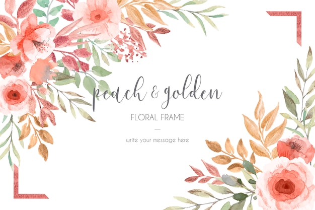 Card Template with Peach and Golden Flowers and Leaves