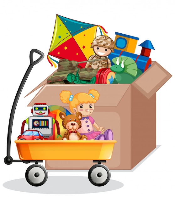 Free Vector cardboard box full of toys isolated