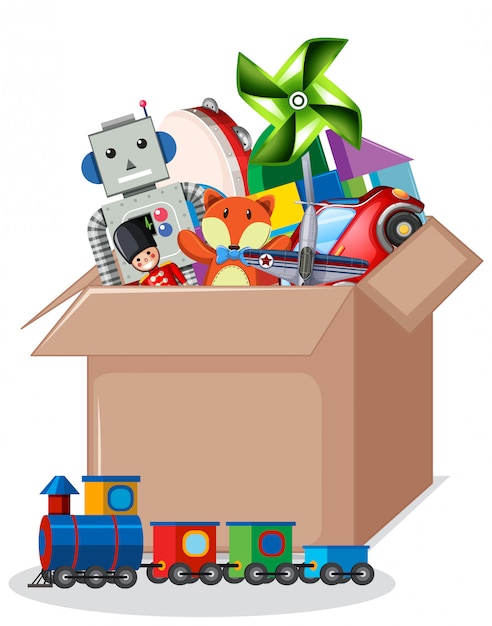 Free Vector cardboard box full of toys isolated