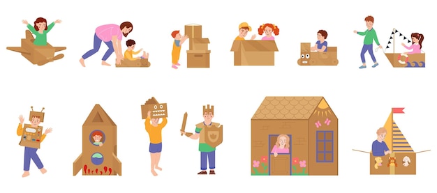 Free Vector cardboard boxes flat icons set with kids playing diy toys isolated vector illustration