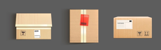 Cardboard boxes mockup, 3d vector cargo and parcel