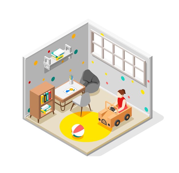 Cardboard toys concept with child playing symbols isometric vector illustration