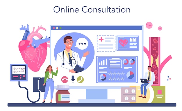 Cardiologist online service or platform Idea of heart care and cardiology diagnostic and circulatory system treatment Online consultation Flat vector illustration