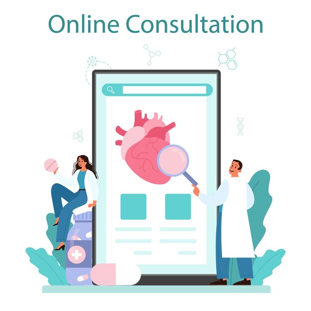 Cardiologist online service or platform Idea of heart care and medical diagnostic Doctors treat heart disease Online consultation Flat vector illustration