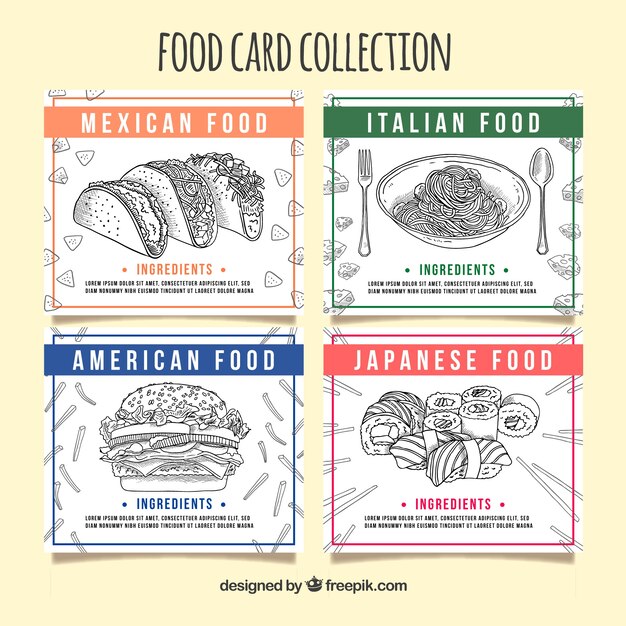 Cards collection with different food