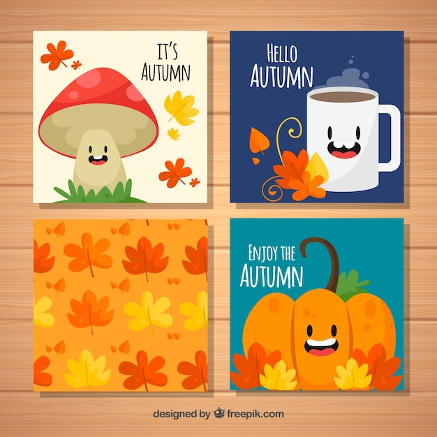 Free Vector cards collection with smiley autumnal elements