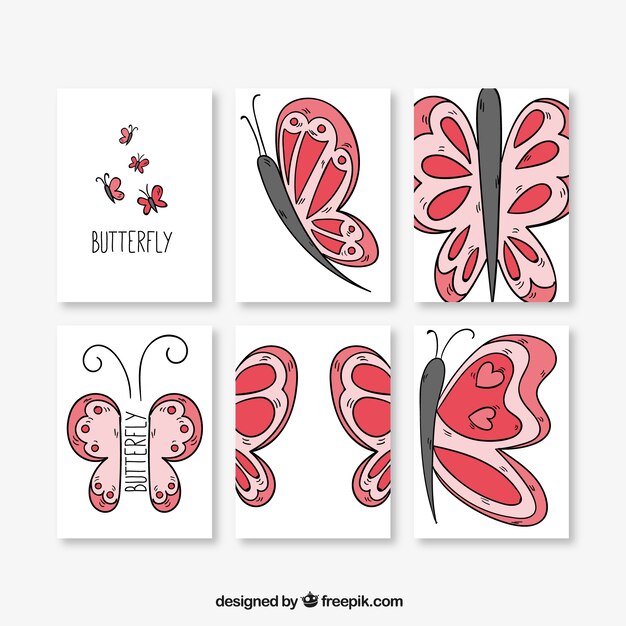 Cards set of hand-drawn butterflies