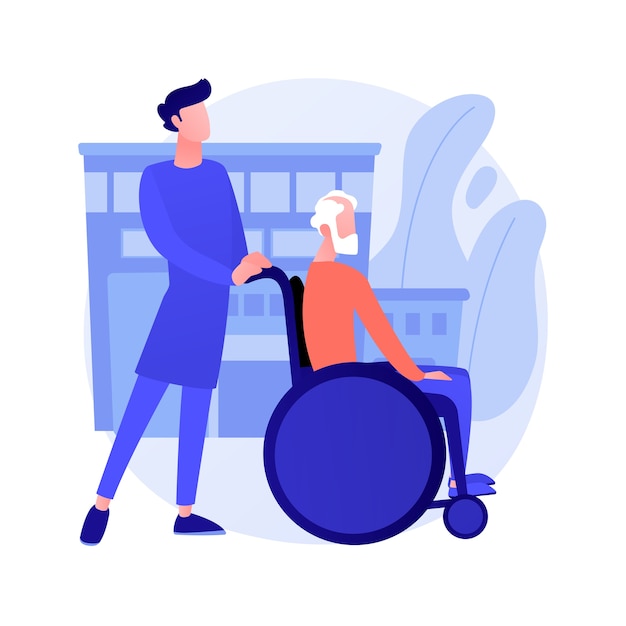 Care for the elderly abstract concept vector illustration. Eldercare, senior homesick nursing, care services, happy on wheelchair, home support, retired people, nursing home abstract metaphor.