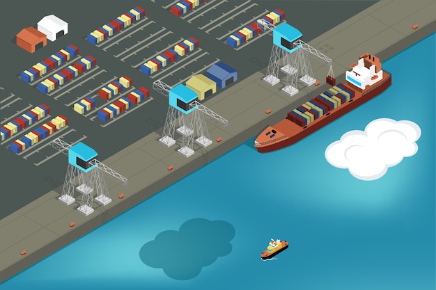 Free vector cargo port. commercial ship loading containers.