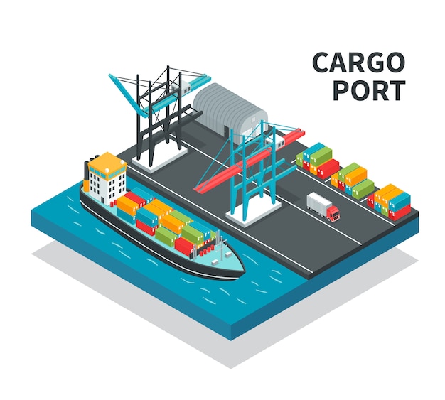 Free Vector cargo port with loading facilities color containers  vessel with freight  truck isometric composition illustration