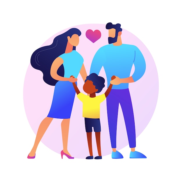 Caring adoptive parents abstract concept   illustration. Foster care, father in adoption, happy interracial family, having fun, together at home, childless couple