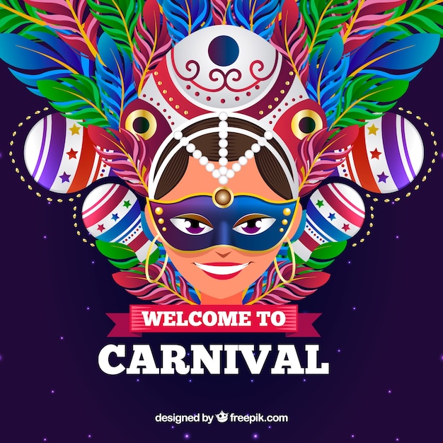 Carnival background with woman and colorful feathers