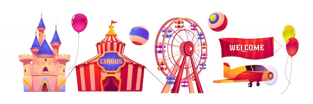 Carnival funfair with circus tent and ferris wheel