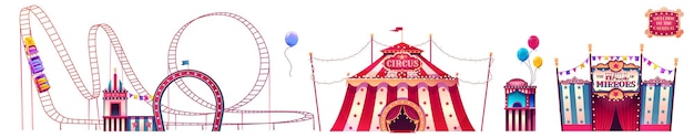 Free Vector carnival funfair with roller coaster circus tent