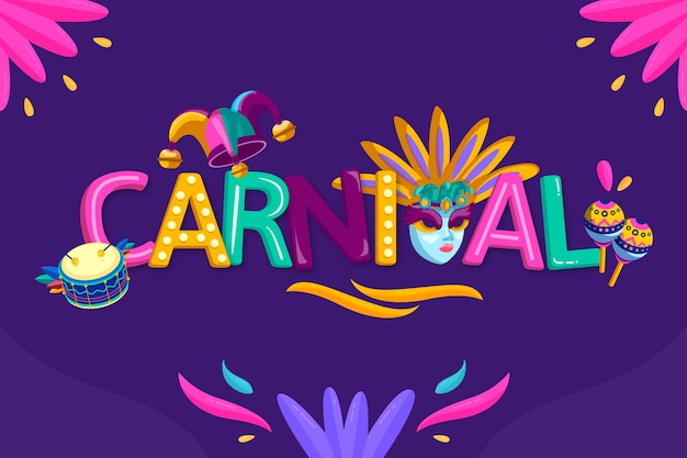 Carnival lettering with masks and flowers