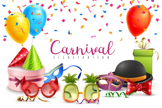 Carnival masquerade party hats balloons confetti funny colored and shaped glasses