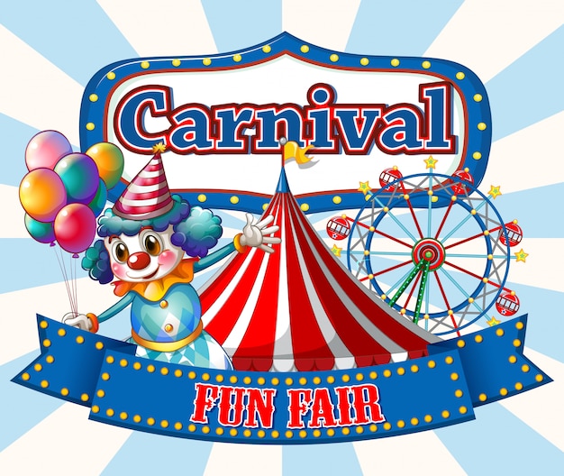 Free Vector carnival sign template with happy clown and rides in background