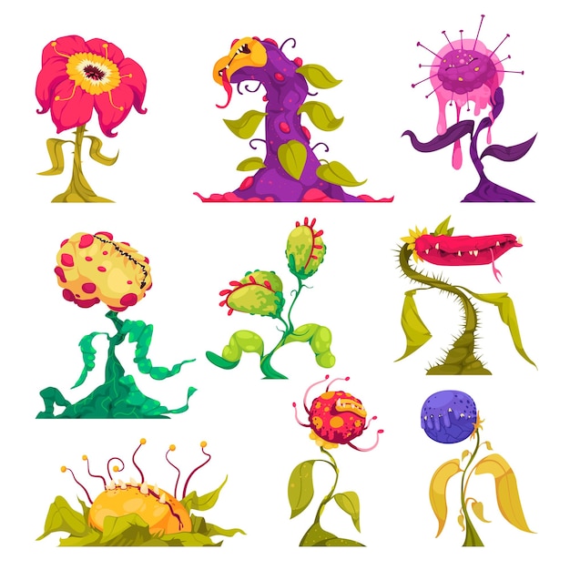 Free Vector carnivorous plant cartoon icons set with monstorous flowers isolated vector illustration