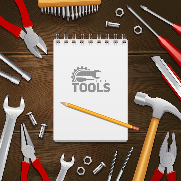 Free Vector carpentry construction repair instruments tools with notebook composition on dark wood background 