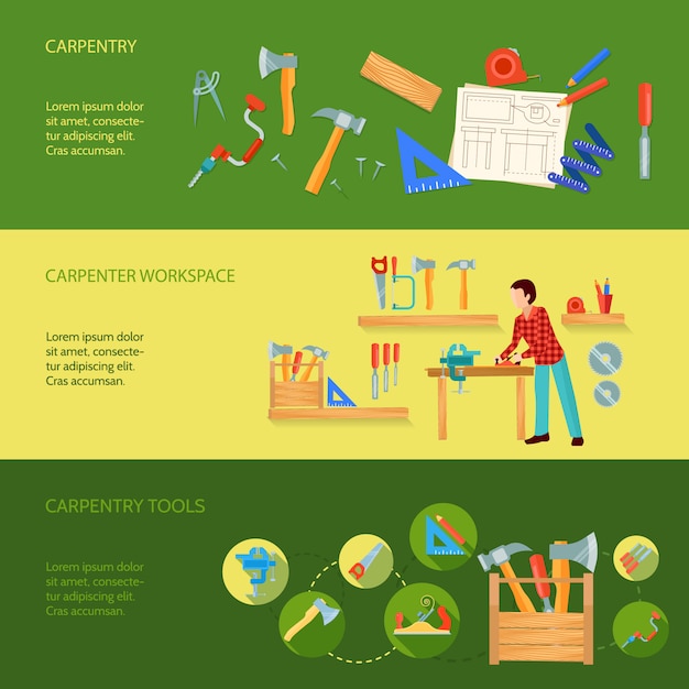 Free Vector carpentry tools workspace and activity example concept three horizontal banners vector illustration