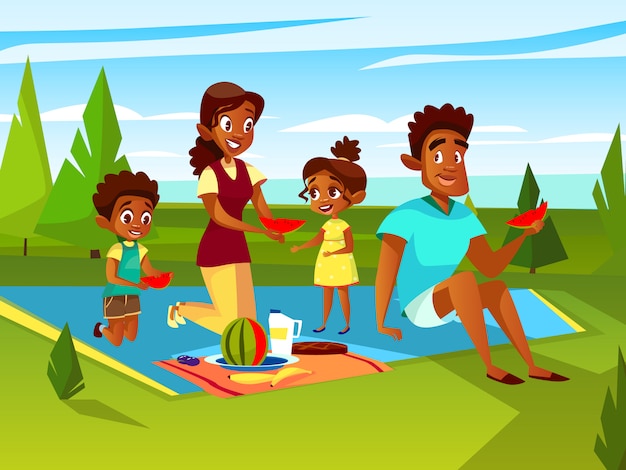 Free Vector cartoon african family at outdoor picnic party at weekend. 