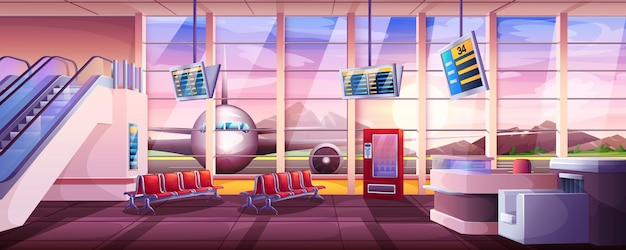 Free vector cartoon airport waiting room interior terminal hall with passenger chairs escalator and window with airplane view departure lounge with seats vending machine and flight schedule display