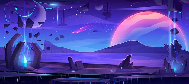 Cartoon alien planet landscape with neon crystals