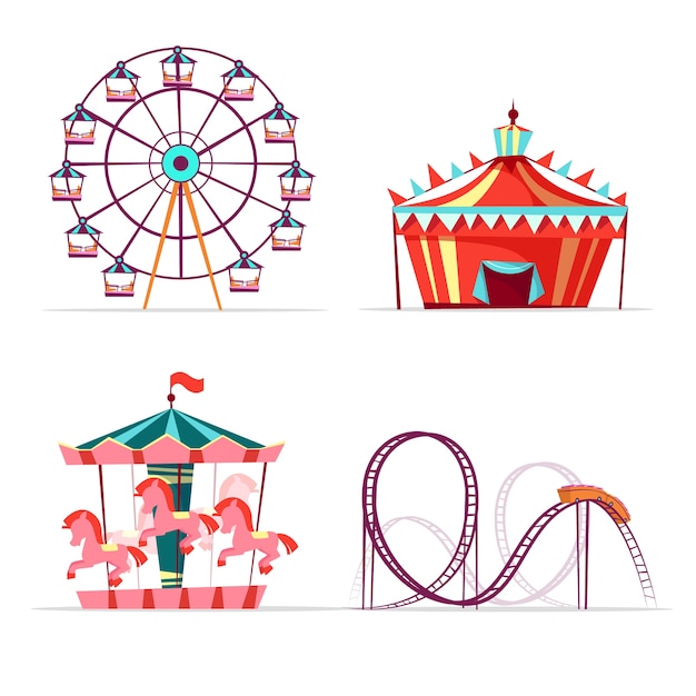 cartoon amusement park attractions set. Ferris wheel, merry go round horse carousel