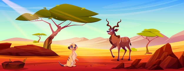 Free vector cartoon antelope and suricate in africa savannah