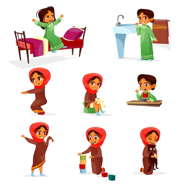 cartoon arab girl morning routine activity set.