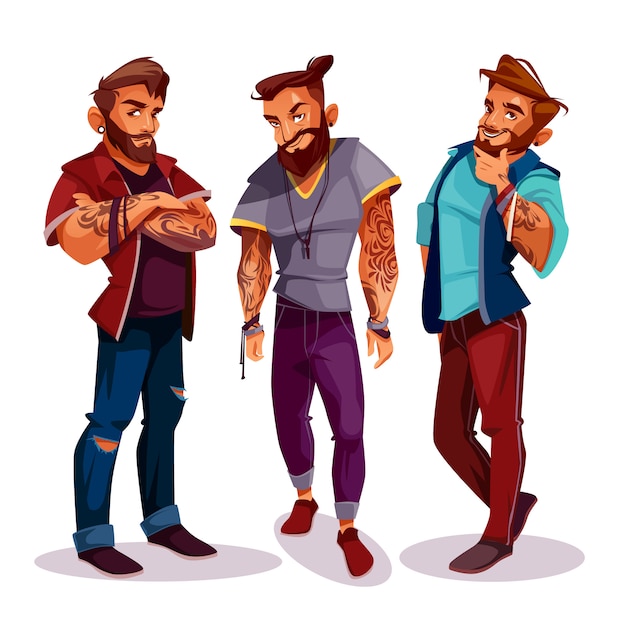 cartoon Arab hipsters - company of young people with tattoos, trendy clothing. 