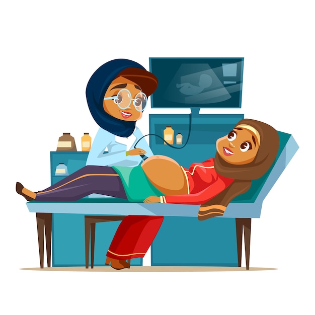 Cartoon arab ultrasound pregnancy screening concept. Muslim khaliji doctor woman 