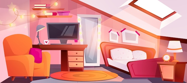 Free vector cartoon attic interior of cozy girl bedroom with bed mirror and workspace