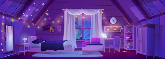 Free vector cartoon attic room interior at night