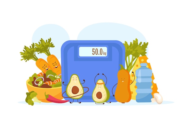 Free Vector cartoon avocado flat composition with front view of electronic kitchen scales surrounded by characters of vegetables vector illustration