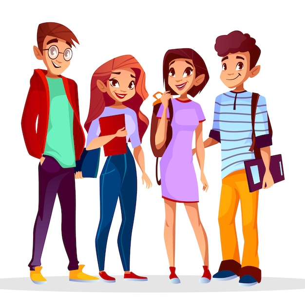 cartoon back to college concept with cheerful students set. 