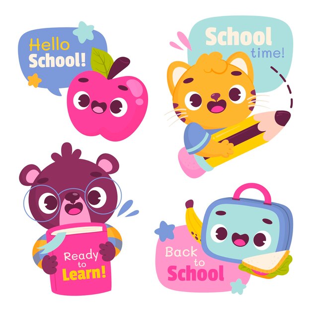 Cartoon back to school badges collection