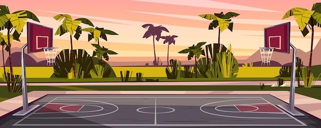 cartoon background of basketball court on street. Outdoor sport arena with baskets for game. 