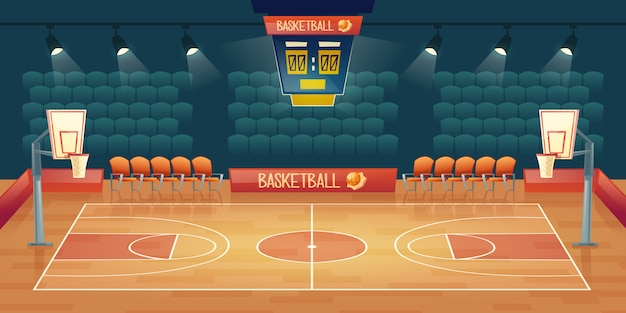 Free Vector cartoon background of empty basketball court. interior of sports arena with spotlights